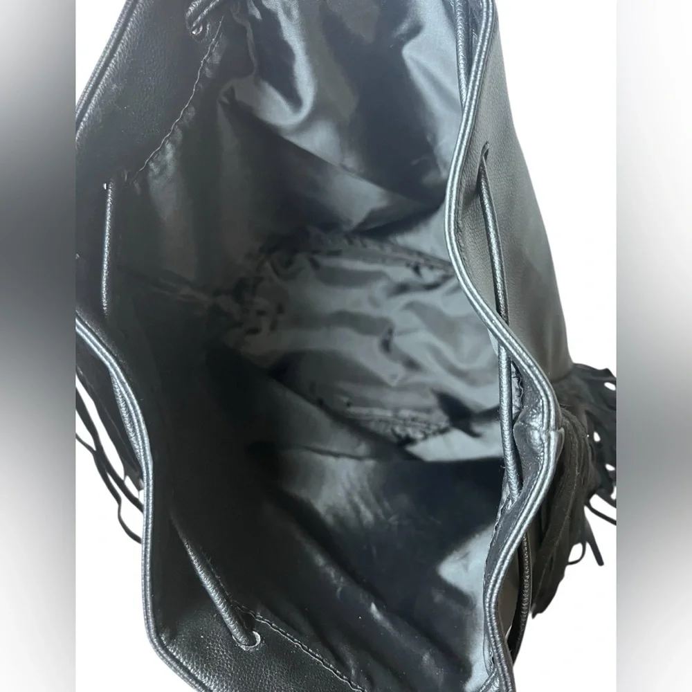 VICTORIA'S SECRET Black Faux Leather Fringe Drawstring Bucket Backpack NWT tags - Picture 5 of 11